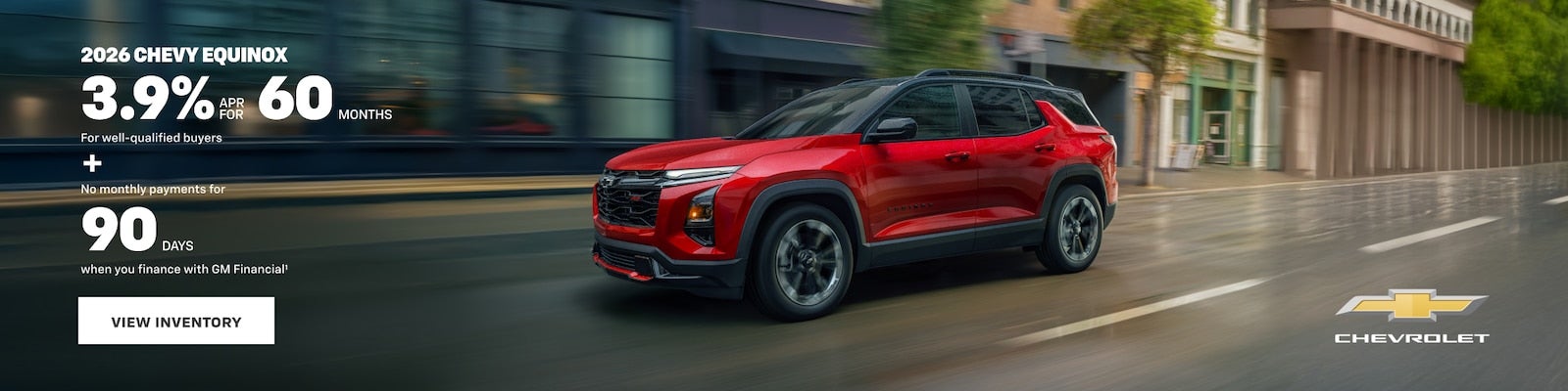 Red Chevrolet Equinox driving on a city street with financing offer text