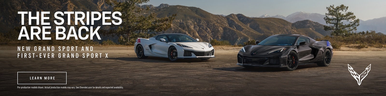 Two Chevrolet Corvettes parked in the mountains with The Stripes Are Back text