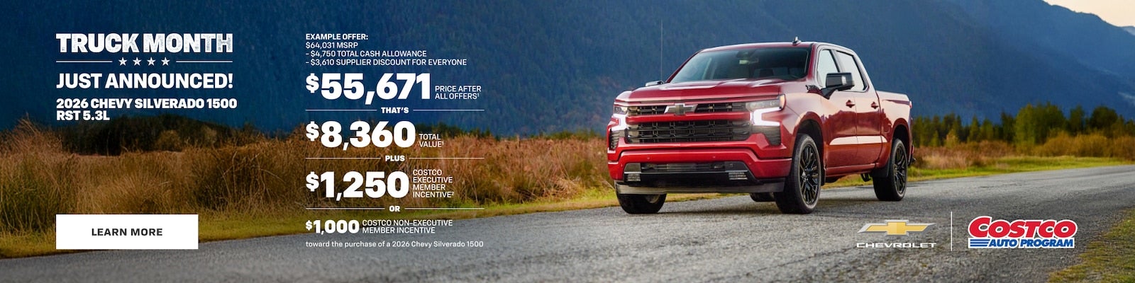 Red Chevrolet Silverado on a road with Truck Month and Costco offers