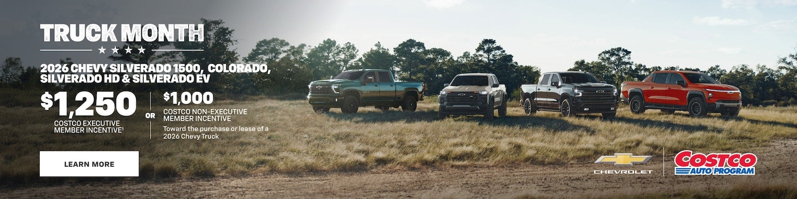 Four Chevrolet trucks parked in a field with Truck Month Costco offers