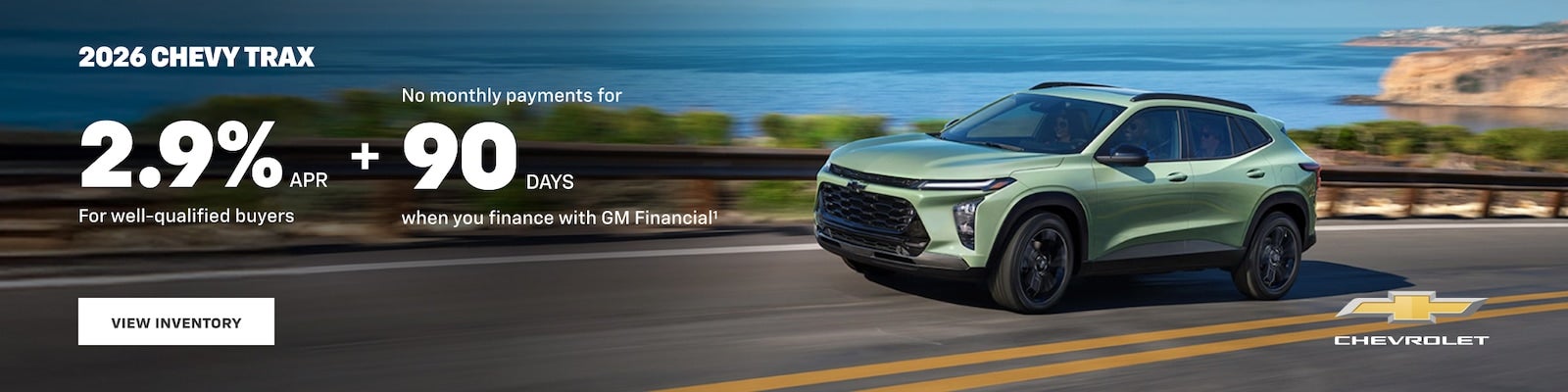 Green Chevrolet Trax driving on a coastal road with financing offer text.